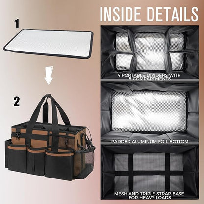 SCAVATA Wearable Cleaning Caddy, Cleaning Caddy Supplies Organizer with Handle & Shoulder Straps for Housekeepers, Under Sink & Car Cleaning Tool Organizers Bag with 4 Foldable Divider (Brown)