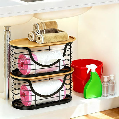 Haotao 2 Pack Trash Bag Holder，Stackable Trashbag Dispenser With Bamboo Lid，Wall Mount Garbage Bag Dispenser Organizer for Kitchen Laundry Room Under Sink