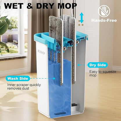 Mop and Bucket Set, Mops for Floor Cleaning Turquoise-Cyan, Wall Mop with Long Handle, Squeeze Flat Mop and Bucket System, Dry & Wet Dust Mop for Household Cleaning with 2 Microfiber Mops
