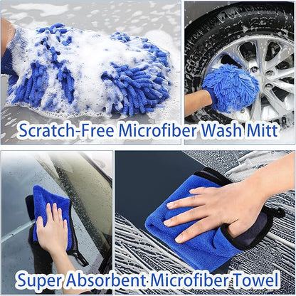 Wontolf 62'' Car Wash Brush with Long Handle, Scratch-Free Soft Bristles Sturdy Car Wash Mop Kit, Complete Car Cleaning Brush Kit Wash Mitt Towel Windshield Squeegee Wheel Tire Brush for Car Truck RV