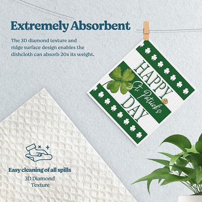 Swedish Dishcloths for Kitchen, St Patricks Day Green Shamrock Dish Rags Kitchen Dish Towels for Washing Dishes, 4 Pack Reusable Paper Towels, Sponge Cloths for Home Cleaning Baking Cooking
