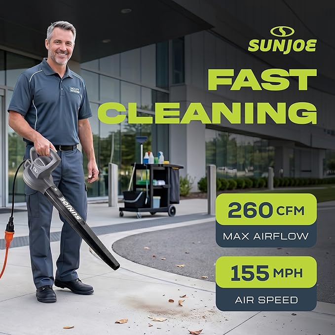 Sun Joe Corded Electric Leaf Blower Machine, 155 MPH, 260 CFM, 6-Amp Motor, Gray - Portable and Lightweight Gardening Equipment for Yard Care and Lawn Maintenance, SBJ597E-GRY