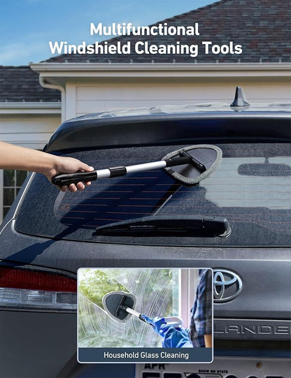 AstroAI 21" Windshield Cleaner Tool, Car Interior Detailing Cleaning Kit with Extendable Handle and 4 Upgraded High-Density Reusable Microfiber Pads, Auto Glass Wiper Brush Kit for Cars, Gray, 2 Pack