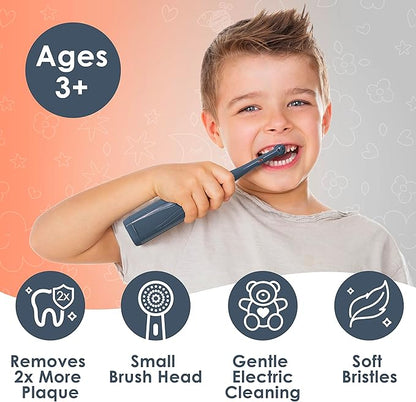 Brusheez Kids’ Electric Toothbrush Set - Safe & Effective for Ages 3+ - Parent Tested & Approved with Gentle Bristles, 2 Brush Heads, Rinse Cup, 2-Minute Timer, & Storage Base (Shadow the Shark)