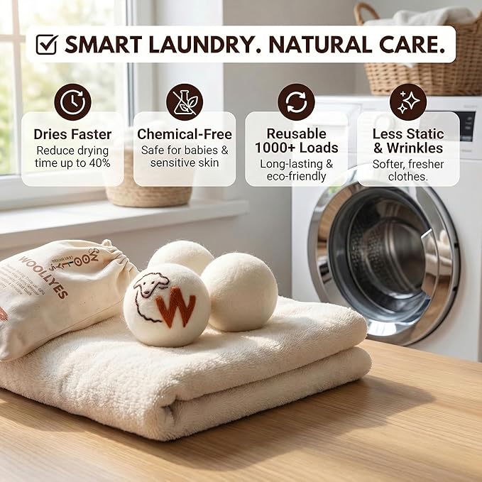 Woolly's Wool Dryer Balls – 100% Pure New Zealand Wool, Reusable Natural Fabric Softener, Reduces Drying Time & Clothes Wrinkles, Chemical-Free Dryer Balls (Pack of 12)