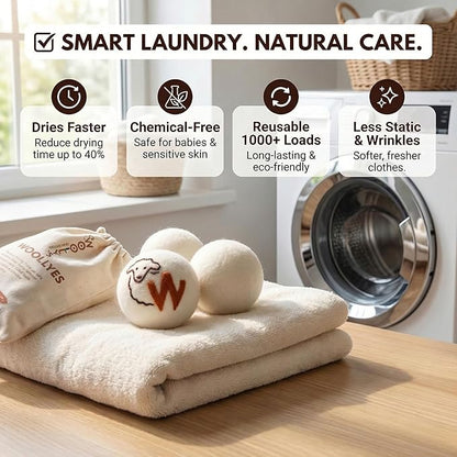 Woolly's Wool Dryer Balls – 100% Pure New Zealand Wool, Reusable Natural Fabric Softener, Reduces Drying Time & Clothes Wrinkles, Chemical-Free Dryer Balls (Pack of 12)
