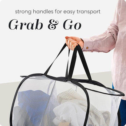 Foldable Laundry Basket - Popup and Collapsible, Durable Mesh Material, Folds for Storage, Easy Carry Handles - Great Hamper for College Dorm, Laundry Room or Travel (White-Black, 2-Compartments)