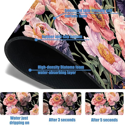 Sink Splash Guard Faucet Mat Peony and Iris Flowers Absorbent Fast Drying Mat Sink Gadgets Splash Guard Behind Faucet Drip Catcher for Kitchen Bathroom 15.5"X5.5"