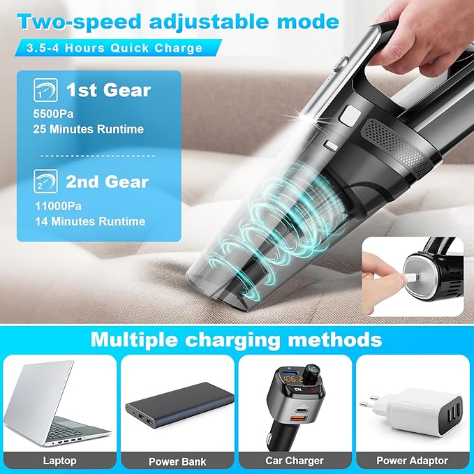 SAKOLD Handheld Vacuum Cordless Mini Portable Rechargeable Car Vacuum Cleaner with 11000PA Powerful Suction for Car Home and Office