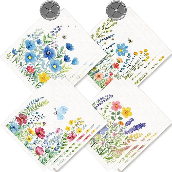 12 Pack Swedish Dishcloths with 2 Push Towel Hooks - Reusable Dish Cloths for Washing Dishes, Napkins Cleaning Cloth Washable - Flower Set