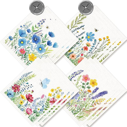 12 Pack Swedish Dishcloths with 2 Push Towel Hooks - Reusable Dish Cloths for Washing Dishes, Napkins Cleaning Cloth Washable - Flower Set