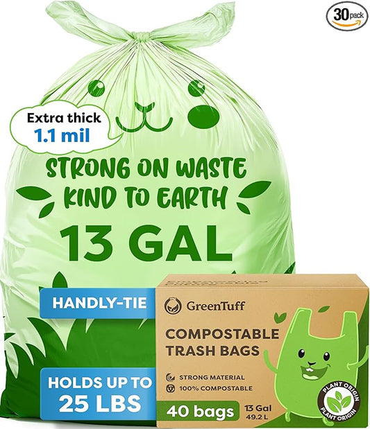 13 Gallon Compostable Trash Bags (30 Count) — Leakproof Plant-based Thick (1.1 Mil) Tall Kitchen Garbage Bags — ASTM D6400 BPI Certified — Heavy-Duty Large Food Scrap Liner Bag with Handle-Tie