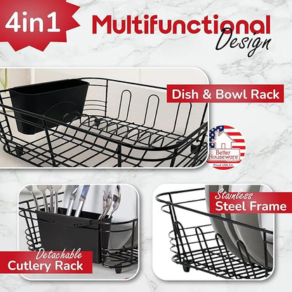 Better Houseware in Sink Dish Drying Rack, Dish Drying Rack in Sink with Non-Slip Handles, Stainless Steel Space-Saving Design, 2-Piece Set with Utensil Holder, 14.5 x 13 x 5 Inch, Black