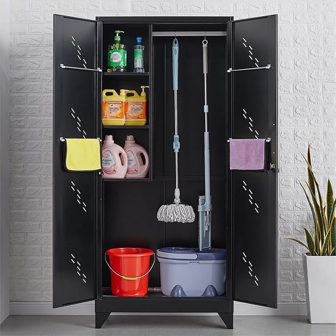 VASAAOSD 75" Metal Storage Cabinet with Lock, Tool Cabinets with Hooks, Heavy-Duty Garage Storage Cabinet for Utility Room, Gym, Basement, Broom Closet, Black