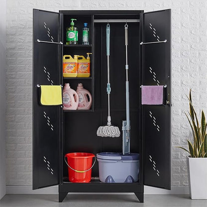 VASAAOSD 75" Metal Storage Cabinet with Lock, Tool Cabinets with Hooks, Heavy-Duty Garage Storage Cabinet for Utility Room, Gym, Basement, Broom Closet, Black