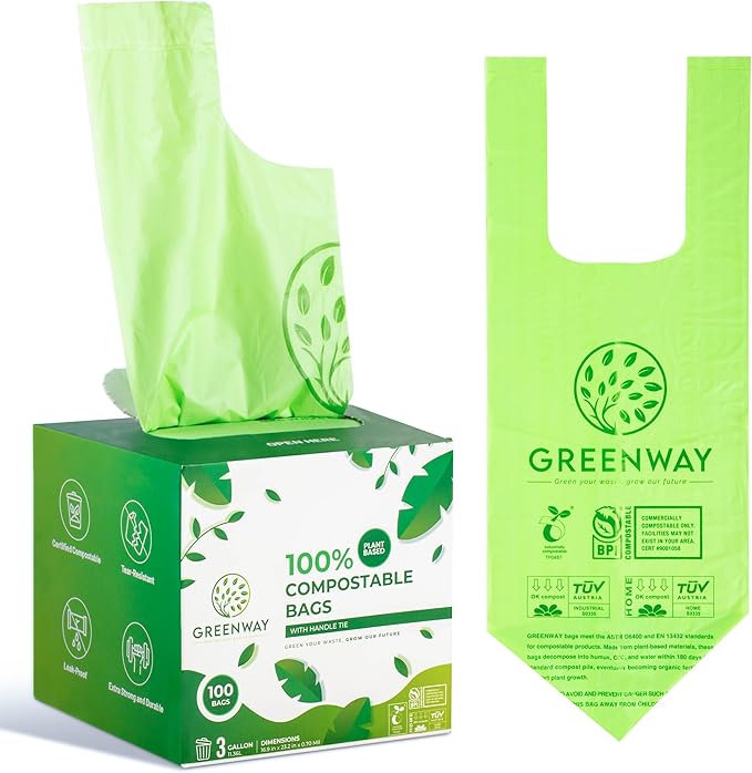 GREENWAY 3 Gallon Compostable Bags with Handles – 100 Count, Extra Thick 0.70 Mil – BPI & OK Home Certified – Small Trash Bags for Countertop Compost Bins, Food Waste, Bathroom, Cat Litter
