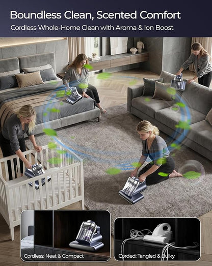 Teant Upgrade Cordless Mattress Vacuum with 18kPa Ultra-Deep Suction, 2-Speed Bed Vacuum with 33000 RPM/Min Roller Brush, 253.7nm UV-C Light & LED Display, HEPA, 149℉ Heat, Aroma & Anion for Bed Sofa