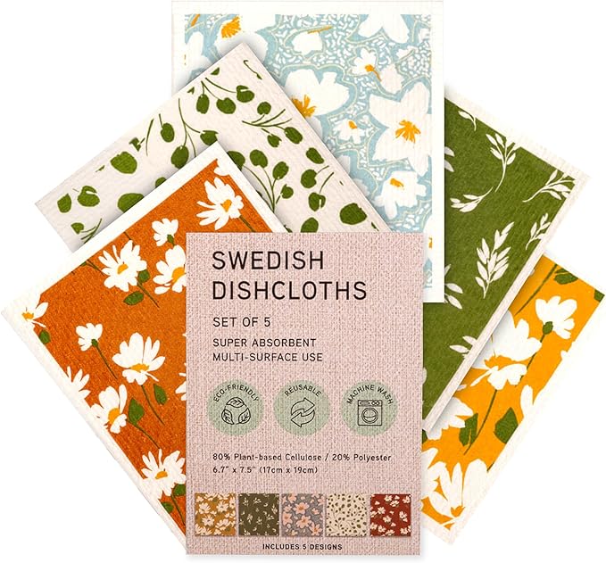 Swedish Dishcloths, Super Absorbent Multi-Surface Cleaning Cloths, Blue Floral Print, 80% Cellulose, 6.7x7.5 Inch, Set of 5 Designs