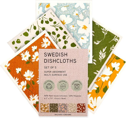 Swedish Dishcloths, Super Absorbent Multi-Surface Cleaning Cloths, Blue Floral Print, 80% Cellulose, 6.7x7.5 Inch, Set of 5 Designs