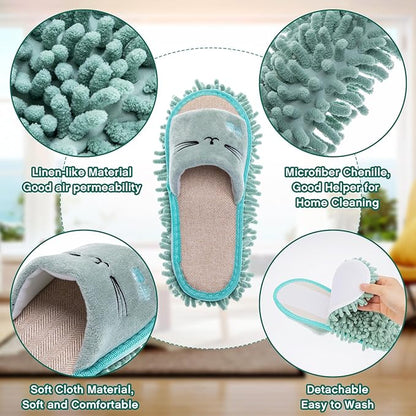 HooLing 2 Pairs Microfiber Mop Slippers for Floor Cleaning Detachable House Mop Shoes Men and Women Washable Unisex Dusting Slippers Dirt Tool Supplies(Rose Red, Green,Men's 7-9, Women's 8-10)