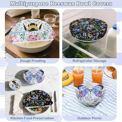 5-Size Reusable Beeswax Bowl Covers for Bread Proofing, Cotton Cloth Flexible Beeswax Wraps for Food Storage(Honeybee)