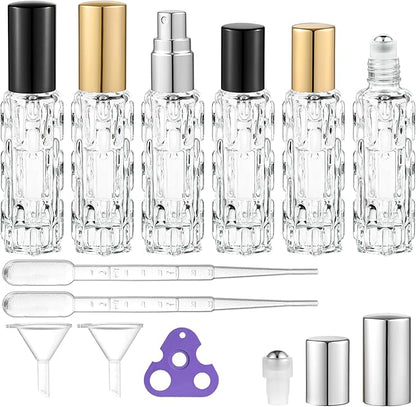 6 Pack Glass Bottles, 3×10ml Roller Bottles & 3×10ml Fine Mist Spray Bottles, Refillable Travel Containers for Essential Oils, Perfume, Liquids (Gold/Silver/Black Caps)