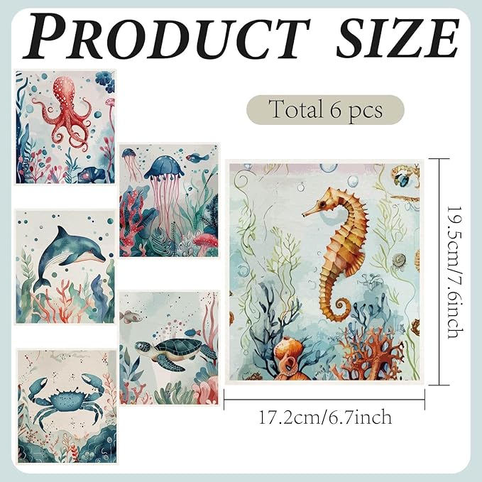 CREATCABIN 6Pcs Swedish Dishcloths for Kitchen Reusable Swedish Dish Towels Absorbent Swedish Dish Rags Washable Sponge Cleaning Cloths No Odor Fast Drying Kitchen Dish Cloths Ocean Animal 7.6x6.7Inch
