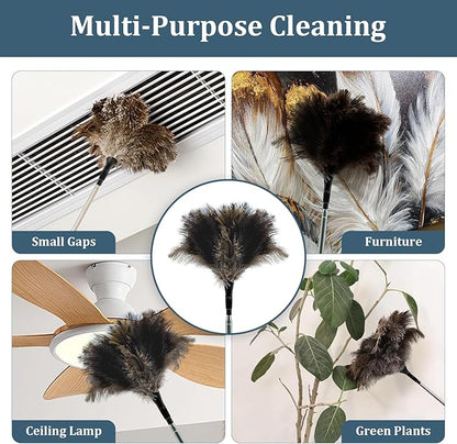 Extendable Feather Duster - 47 inches Soft Long Handle Reusable Feather Duster for Cleaning Ceiling Fan,Hanging lamp, High Ceiling, Blinds, Furniture，Ostrich Feather Duster