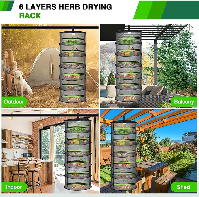 Yesker 6 Layer Herb Drying Rack Hanging Mesh Net Foldable Plant Drying Racks 24" w Green Zipper Pruning Shears Hook Dryer Hanging Rack for Herbs Seed Bud Fruit Clothes Grow Tent Closets Garden Outdoor