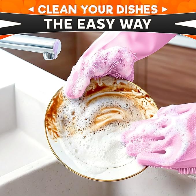 ALPENKOK Silicone Dishwashing Gloves with Scrubber – Non-Slip Silicone Gloves wor Washing Dishes | Household Use