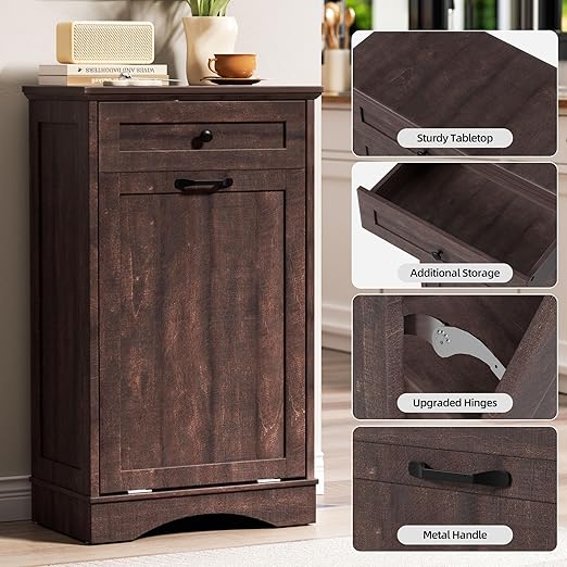 AHB 13 Gallons Tilt Out Trash Cabinet Hidden Trash Can Cabinet Freestanding Garbage Recycling Cabinet with Hideaway Drawer Pet Proof Trash Bin for Kitchen Living Room, Brown