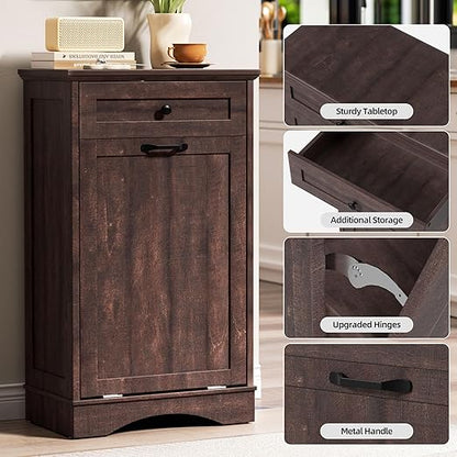 AHB 13 Gallons Tilt Out Trash Cabinet Hidden Trash Can Cabinet Freestanding Garbage Recycling Cabinet with Hideaway Drawer Pet Proof Trash Bin for Kitchen Living Room, Brown