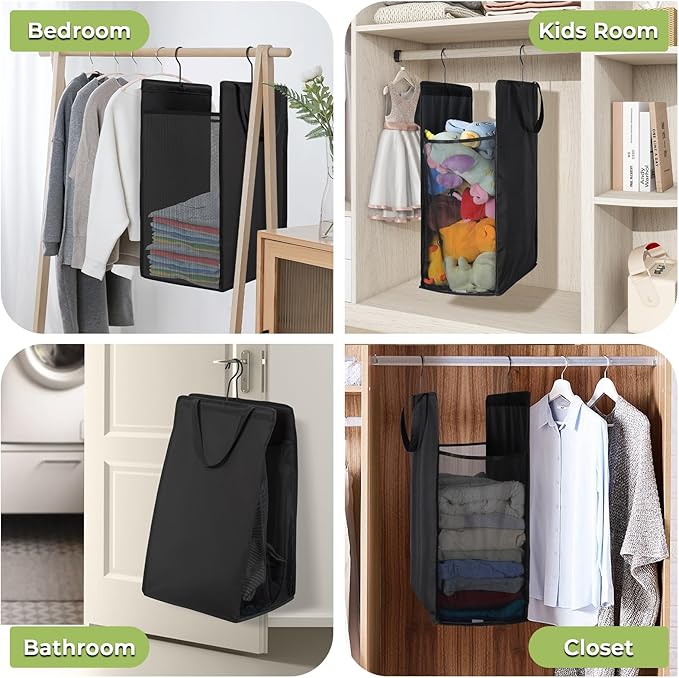 FENTEC Fentec Hanging Laundry Hamper, Hanging Laundry Basket, Slim Laundry Hamper Bag with Handles, Portable Hanging Closet Hamper, Mesh Heavy Duty Hanging Laundry Bag (Black,2 Pack)