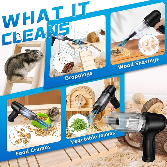 Guinea Pig Poop Vacuum: 6000Pa Powerful Suction, Cordless Handheld Spot Cleaning Tool for Guinea Pig, Rabbit, Hamster, Chinchilla & Small Animal Cages-Black