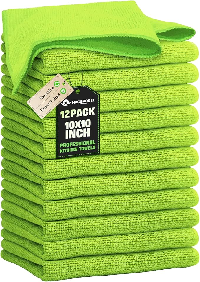 Kitchen Dish Cloths, 12 Pack, 10 x 10 Inches, Absorbent Coral Velvet Dish Towels, Soft Lint Free Reusable Dish Cloths for Dishes, Sink and Countertop, Green
