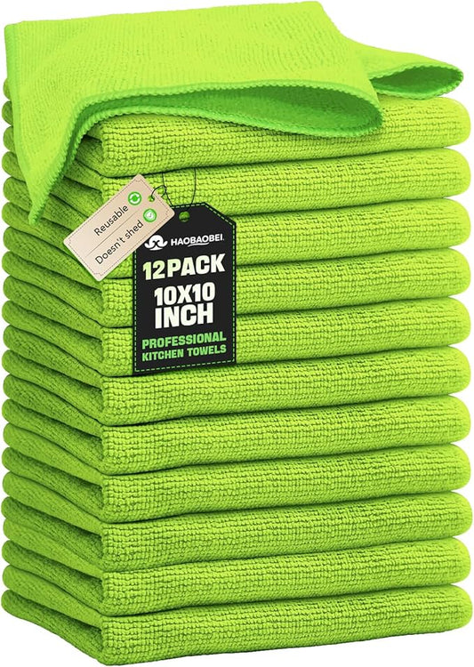 Kitchen Dish Cloths, 12 Pack, 10 x 10 Inches, Absorbent Coral Velvet Dish Towels, Soft Lint Free Reusable Dish Cloths for Dishes, Sink and Countertop, Green