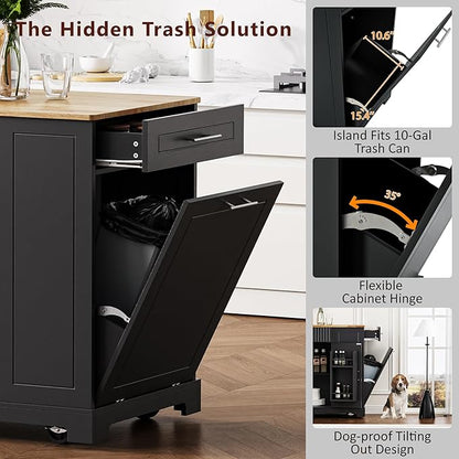 48.5" Kitchen Island with Trash Can Storage Cabinet, Power Outlet, Internal Storage Rack, Rolling Kitchen Islands Cart on 5 Wheels with 3 Drawers, 3 Open Side Racks, Black