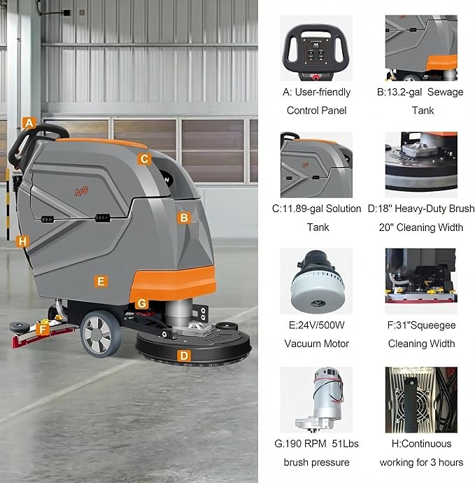 N3 20" Walk-Behind Floor Scrubber - Complete Kit with 3 Brushes & 4 Rubber Lips Sets, Replaceable Consumables, 31" Squeegee, 11-Gallon Solution Tank, 190 RPM, User-Friendly