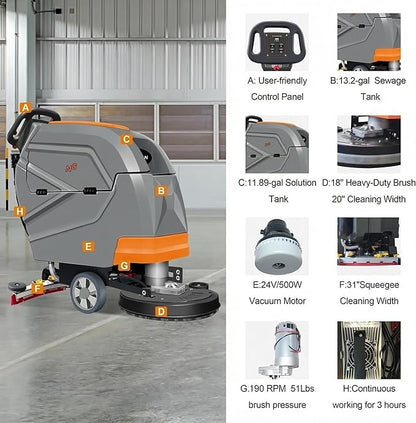 N3 20" Walk-Behind Floor Scrubber - Complete Kit with 3 Brushes & 4 Rubber Lips Sets, Replaceable Consumables, 31" Squeegee, 11-Gallon Solution Tank, 190 RPM, User-Friendly