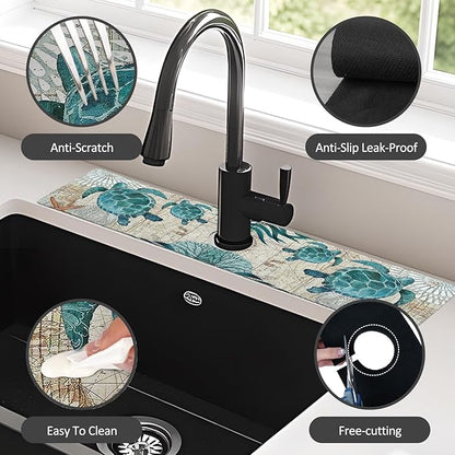 2PCS 24" X 5.5" Kitchen Sink Splash Guard Faucet Mat Sea Turtles Super Absorbent Fast Drying Faucet Guard & Draining Mat Sink Splash Guard Behind Faucet for Kitchen, Bathroom