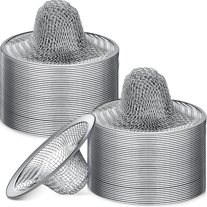 Shimeyao 100 Pcs 2.75 Mesh Sink Strainers Stainless Steel Drain Strainer Mesh Shower Drain Hair Catchers for Bathroom Kitchen for Lavatory Balcony Laundry Mop Pool RV Sink
