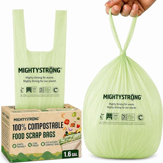 Compost Bags with Handles - 50 Pieces 1.6 Gallon/6 Liter Compostable Trash Bags, Small Trash Bags, Certified By BPI And OK Compost, Food Scrap Waste Bags