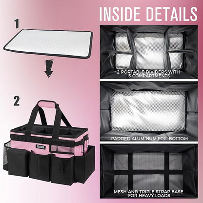 SCAVATA Wearable Cleaning Caddy Bag, Cleaning Caddy Supplies Organizer with Handle & Shoulder Straps for Housekeepers, Under Sink & Car Cleaning Tool Organizers with 4 Foldable Divider (SweetPink)