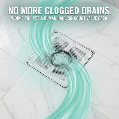Disposable Shower Drain Hair Catcher, 50 Pack Adhesive Mesh Drain Covers for Shower, Bathtub, Bathroom Sink & Laundry – Peel and Stick Drain Strainer, Waterproof, Fast Drainage, Prevents Hair Clogs