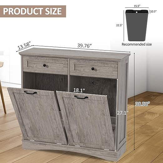 AHB Double Tilt Out Trash Can Cabinet Freestanding Kitchen Trash Can, 2x13 Gallons Hidden Garbage Recycling Cabinet with Hideaway Drawers Pet Proof Trash Can Holder for Kitchen, Grey