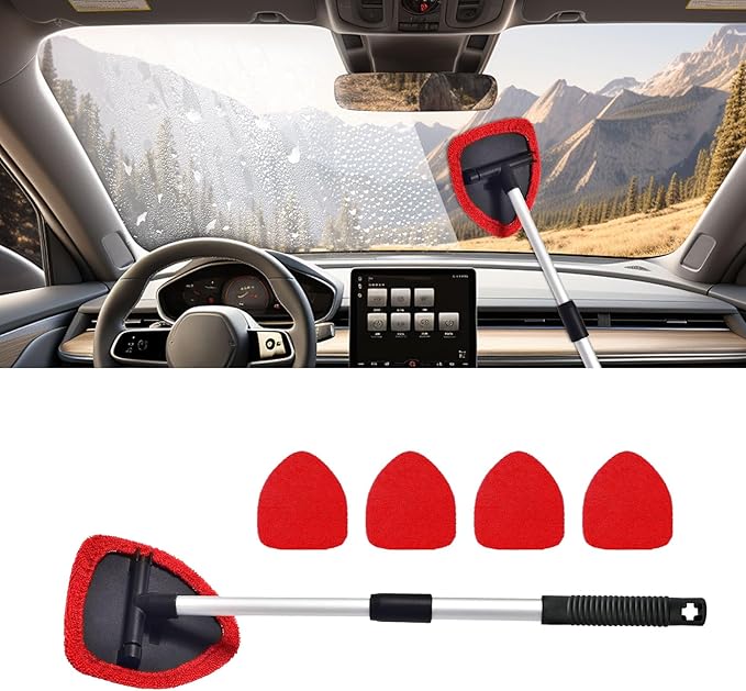 Car Wash Brush with Long Handle, Windshield Cleaning Tool, Car Washing Mop Kit Mitt Sponge Car Cleaning Supplies Kit, Microfiber Towel Gloves Universal for Cars RV SUV Truck Office (Red)