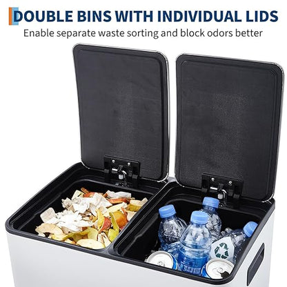 Takywep 2 x 8 Gal (2 x 30L) Kitchen Dual Trash Can, Stainless Steel Double Trash Can with 2 Removable Inner Buckets, Soft-Close Lid, Double Compartment Recycling Bin for Kitchen Home Office, White