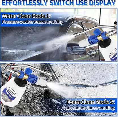 Pressure Washer Foam Cannon with Dual-Connector Tool, Pressure Washer Foam Lance Jet Wash Sprayer with M22-14 and 1/4 Inch Quick Connect, Adjustable Soap Dispenser, 1 Liter, 1/4 Double Tip Attachment