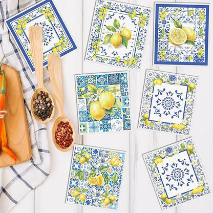 Blue Tiles Lemons Swedish Dishcloths, 6 Pack Reusable Swedish Dish Cloths for Kitchen, Washable Absorbent Dish Towel Rag Set Cellulose Sponge Cloths Housewarming Gifts