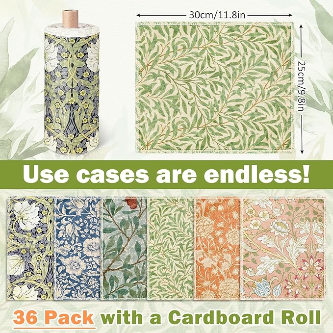Whaline 36 Pcs Reusable Paper Towels Paperless Towels William Morris Vintage Flower Washable Cotton Cloths with Roll for Kitchen Bathroom Cleaning